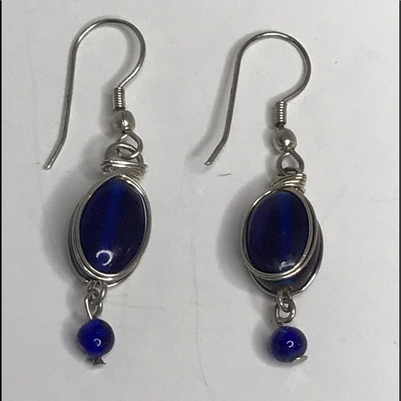 Blue Earrings Wire Pierced Artisan Made Dangle - Picture 2 of 6